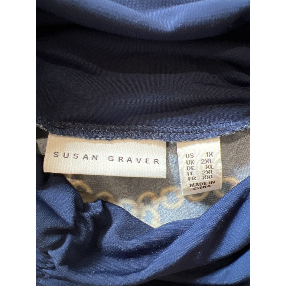 Susan Graver Size 1X Chain Print Liquid Knit Mock Neck Top Blue Gold Baroque - Picture 3 of 5